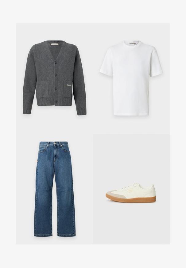 Cardigan gris en tissu tricoté, avec un col en V, six boutons, deux poches avant et des poignets et un ourlet côtelés.; T-shirt blanc à manches courtes en maille gaufrée avec col rond, petite étiquette de marque à l'intérieur du col, présenté sur un fond uni.; Jeans en denim bleu avec une coupe relaxée, des jambes droites, des coutures visibles et une fermeture à bouton à l'avant. Comprend une poche latérale avec un accent.; Baskets en cuir blanc avec une coque beige et une semelle en caoutchouc marron clair. Dotées de lacets blancs plats et d'un logo embossé sur le côté.