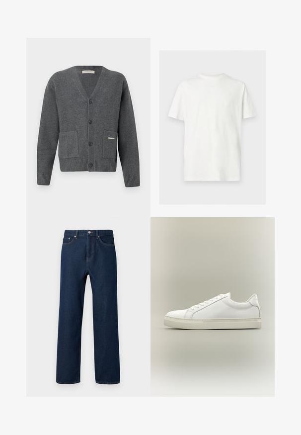 Grijze cardigan van gebreide stof, met een V-hals, zes knopen, twee voorzakken en geribbelde boorden en zoom.; Wit T-shirt met korte mouwen en ronde hals in een losse pasvorm op een effen lichte achtergrond.; Donkerblauwe denim jeans met een rechte snit, vijf zakken en zichtbare stiksels. Voorzien van een knoopsluiting en riemlussen.; Witte lage sneaker met veters aan de voorkant en dikke zool, zijaanzicht tegen een neutrale achtergrond.