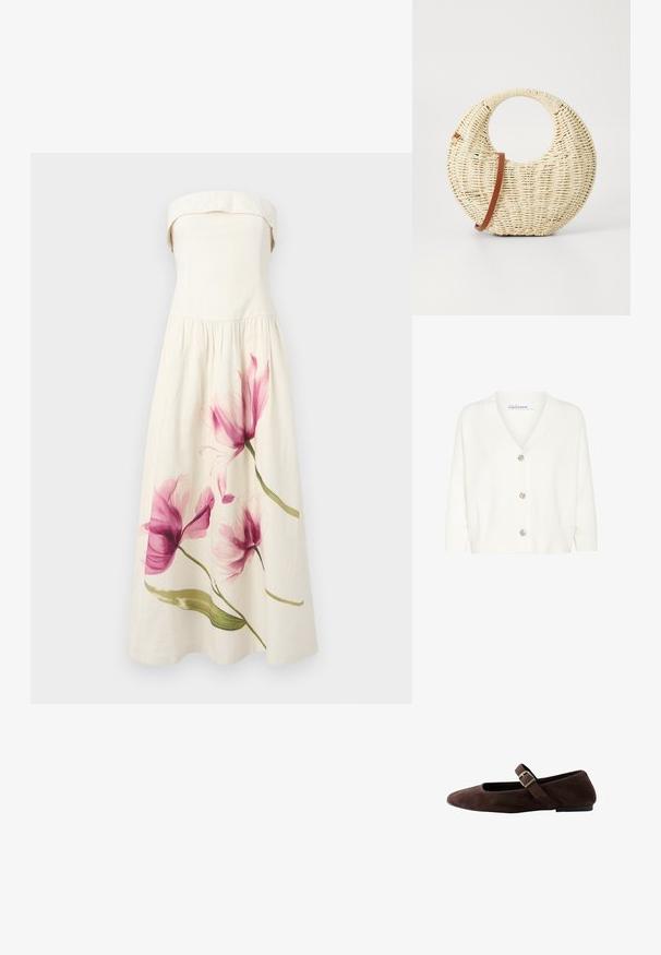 Witte cardigan van gebreid materiaal, met een V-hals, lange mouwen en vijf decoratieve knopen aan de voorkant.; Abercrombie & Fitch RUFFLE MAXI DRESS LIABILITY - Maxi-jurk - beige/light pink; Bruine suède platte schoen met spits toelopende neus en verstelbare band met gouden gesp, gezien van de zijkant op een witte achtergrond.; Ronde geweven handtas van natuurlijk stro met een gestructureerde afwerking. Kenmerkt zich door een gladde, bruine leren schouderband en een ronde handgreep.