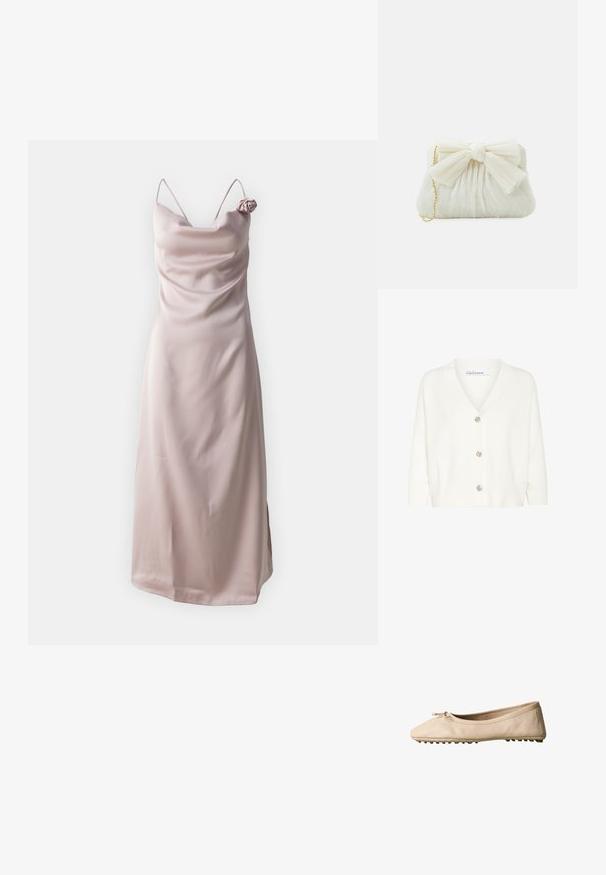 Hvid cardigan lavet af strikmateriale, med V-halsudskæring, lange ærmer og fem dekorative knapper foran.; Satin sundress i lys pink med tynde stropper og en draperet halsudskæring, prydet med en roseaccent på venstre skulder.; Beige balletsko med rundet tå, lille sløjfedetalje og tekstureret sål for godt greb, vist fra siden på hvid baggrund.; Hvid plisseret clutch-taske med en fremtrædende sløjfedetalje og en guldkædetras. Blød tekstur med et samlet design på forsiden.