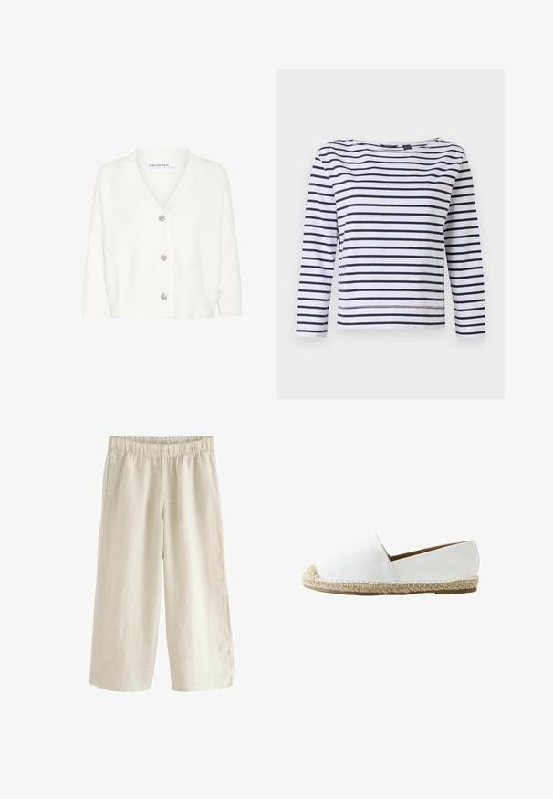 Cárdigan blanco de material de punto, con escote en V, manga larga y cinco botones decorativos en la parte delantera.; Top de rayas de manga larga en blanco y azul marino, con escote barco y un corte relajado. Fabricado en suave material de algodón con dobladillos cosidos.; Pantalones de lino de pierna ancha en beige claro con cintura elástica, que cuentan con bolsillos laterales y una textura suave. Corte relajado.; Alpargata blanca sin cordones con suela de yute trenzado y punta cerrada y redondeada, mostrada en perfil derecho sobre fondo blanco.
