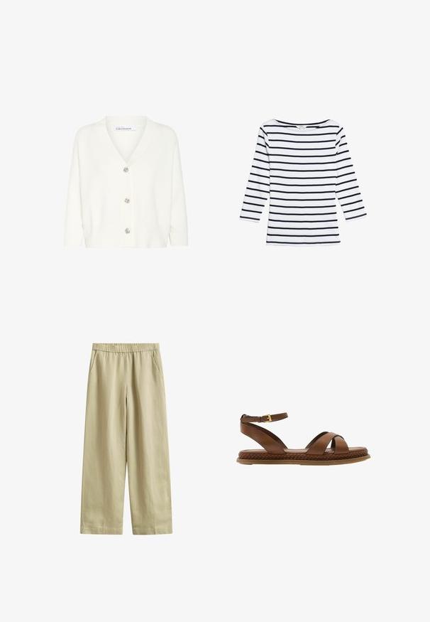 Witte cardigan van gebreid materiaal, met een V-hals, lange mouwen en vijf decoratieve knopen aan de voorkant.; Marks & Spencer STRIPED SLASH NECK - Longsleeve - white mix; Beige wijde broek met elastische tailleband en zijzakken, gemaakt van lichtgewicht stof.; Bruine leren platte sandaal met enkelriem, gekruiste teenriempjes en gevlochten detail langs de rand van de zool.