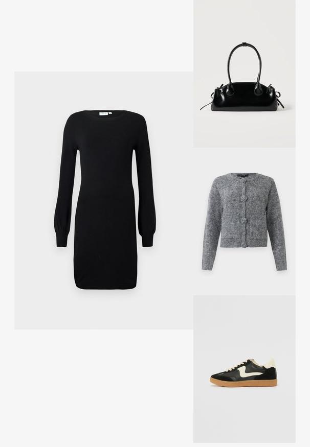 Grå tekstureret strikket cardigan med lange ærmer og fire store dekorative knapper foran.; Sorte strikket kjole med lange, puffede ærmer og rund halsudskæring. Stoffet er glat, solidt, og har en tætsiddende silhuet.; Sorte ruskinds- og lædersneakers med en cremefarvet side-swoosh og lys cremefarvet hæl. Har beige snørebånd og en gummirubber-sål.; Lille sort blank håndtaske med to lange håndtag og snøre-detaljer i siden på en ensfarvet lys baggrund.