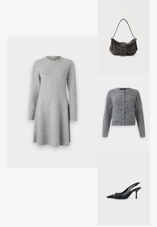 Grauer strukturierten Strickcardigan mit langen Ärmeln und vier großen dekorativen Knöpfen auf der Vorderseite.; Graues Langarmkleid aus weichem Stoff; verfügt über einen runden Ausschnitt und eine lockere Passform, die am Saum leicht ausgestellt ist und seitliche Schlitze aufweist.; Schwarzer Leder Slingback-Pumps mit spitzer Vorderkappe und einem Schnallen- und Ösenriemen vorne.; Schwarze Leder-Schultertasche mit Schnallengurt-Detail, abgerundeten Kanten und kontrastierenden weißen Nähten auf schlichtem Hintergrund.