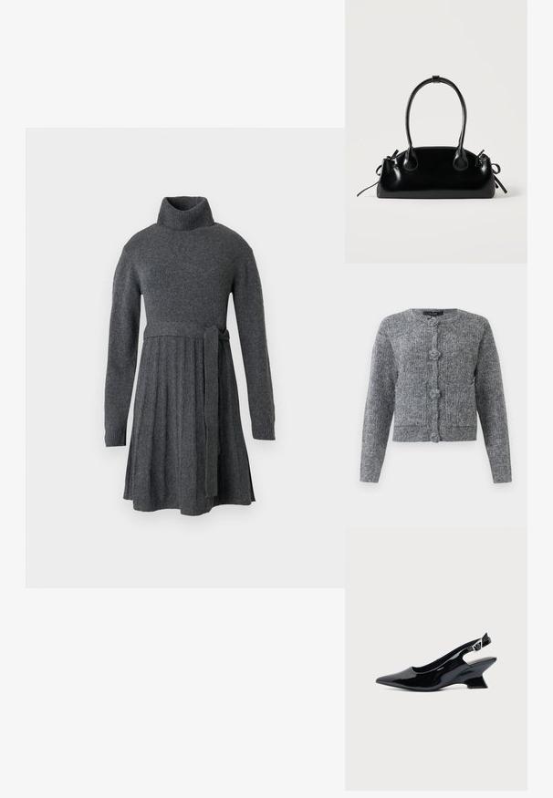 Grauer strukturierten Strickcardigan mit langen Ärmeln und vier großen dekorativen Knöpfen auf der Vorderseite.; Graues Strickkleid mit hohem Rollkragen, langen Ärmeln, betontem Taillengürtel und Plissee-Rockdetails.; Schwarzer Slingback-Schuh aus Lackleder mit spitzer Spitze und niedrigem, schrägem Blockabsatz auf einfachem hellem Hintergrund.; Kleine schwarze glänzende Handtasche mit zwei langen Griffen und seitlichen Kordelzug-Details vor einfachem hellem Hintergrund.
