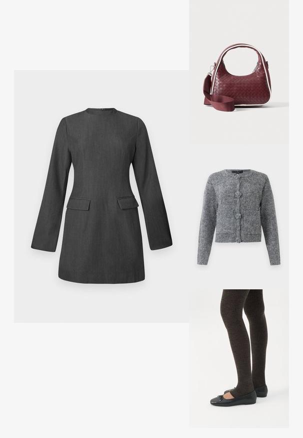 Cárdigan de punto texturizado gris con mangas largas y cuatro grandes botones decorativos en el frente.; Vestido gris a medida con mangas largas, escote redondo y dos bolsillos frontales. Hecho de una tela texturada, presenta un diseño elegante y estructurado.; Piernas con leggings oscuros acanalados combinados con bailarinas negras que presentan pequeños detalles de lazo sobre un fondo blanco.; Bolso de mano de cuero tejido color granate con asa curva, ribete blanco, cremallera plateada y correa desmontable de tela ancha para el hombro sobre fondo liso.