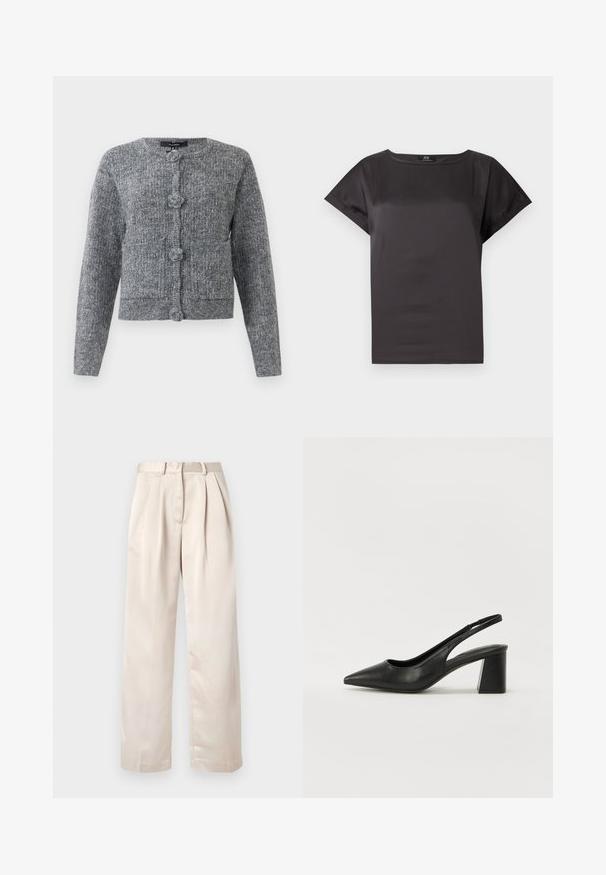 Cardigan tricoté texturé gris avec des manches longues et quatre grands boutons décoratifs sur le devant.; Blouse noire à manches courtes avec un col rond et une coupe légèrement ample, réalisée en tissu lisse et satiné.; Pantalon beige plissé avec une coupe droite, fabriqué en tissu lisse et léger ; doté d'une ceinture avec passants.; Escarpins en cuir noir à talon ouvert avec un bout pointu et un talon bloc. Présente un design découpé et une texture lisse, minimaliste et moderne.