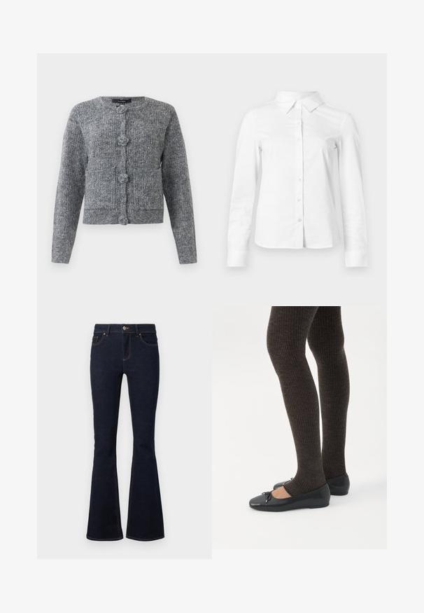 Cárdigan de punto texturizado gris con mangas largas y cuatro grandes botones decorativos en el frente.; Camisa blanca de manga larga con botones, cuello puntiagudo, bajo recto y silueta ajustada, presentada sobre un fondo claro y liso.; Jeans acampanados de color azul oscuro, confeccionados en denim, con una cintura ajustada, diseño clásico de cinco bolsillos y costuras contrastantes a lo largo de las costuras.; Piernas con leggings oscuros acanalados combinados con bailarinas negras que presentan pequeños detalles de lazo sobre un fondo blanco.