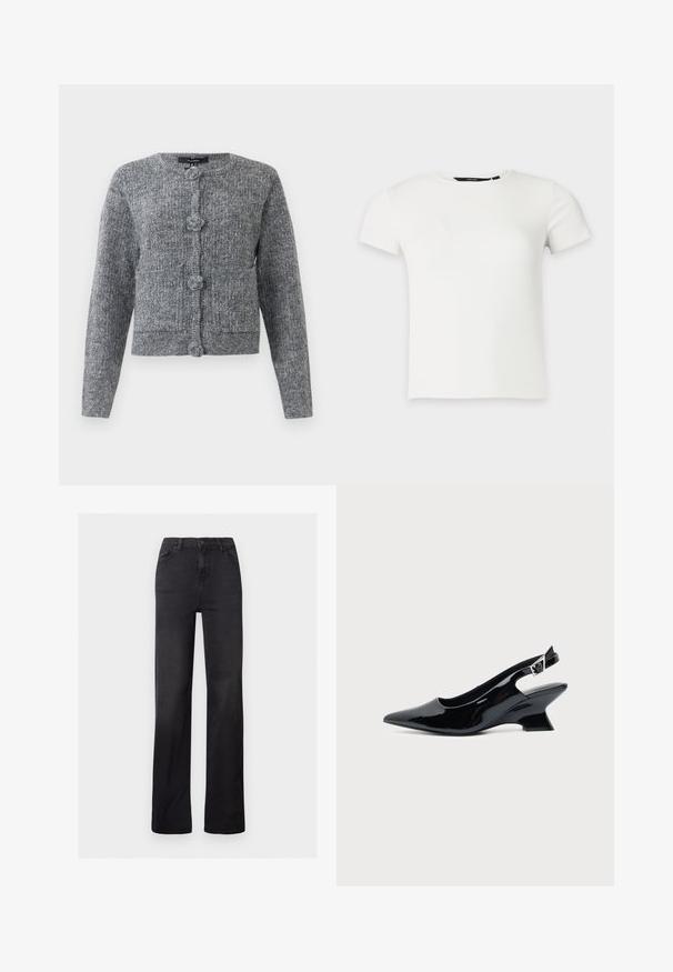 Grijze gebreide cardigan met textuur, lange mouwen en vier grote decoratieve knopen aan de voorkant.; Wit geribbeld gebreid T-shirt met korte mouwen en een ronde hals, weergegeven op een effen lichtgrijze achtergrond.; Zwarte denim recht gesneden jeans met een hoge taille, vijf-pocket ontwerp en zichtbare stiksels. Glad oppervlak met een licht vervaagde afwerking.; Zwarte lakleren slingback schoen met spitse neus en lage schuine blokhak op een effen lichte achtergrond.