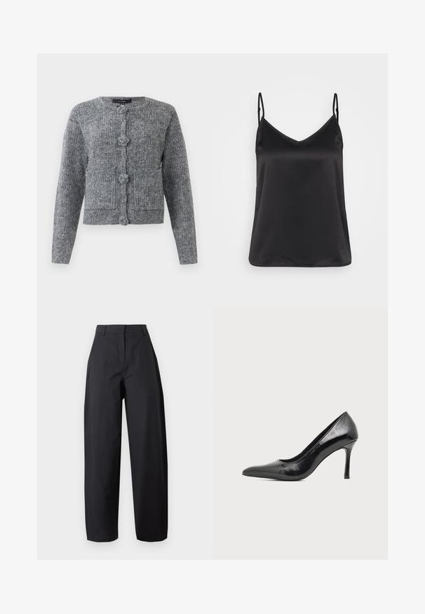 Grå tekstureret strikket cardigan med lange ærmer og fire store dekorative knapper foran.; Sort satin camisole med V-hals, tynde justerbare stropper og en glat, blank overflade. Ingen mønstre eller yderligere dekorationer.; Sort, højtaljede bukser med vide ben, frontlommer og bæltestropper, vist mod en ensfarvet lys baggrund.; Sort laklæder damestilet med spids tå og slank hæl på en ensartet lys baggrund.