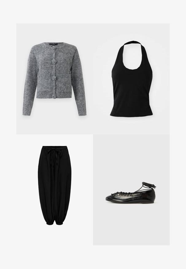 Grauer strukturierten Strickcardigan mit langen Ärmeln und vier großen dekorativen Knöpfen auf der Vorderseite.; Schwarzes Halftertop aus weichem Stoff, mit einem U-Bootausschnitt und einer figurschmeichelnden Silhouette, glatter Textur und ohne sichtbare Muster.; Schwarze, weit geschnittene Hose mit elastischem Bund und Beinabschlüssen, Kordelzug am Bund und gerafften Bündchen.; Schwarze Ballerinas aus Lackleder mit runder Spitze, Schnürdesign und flacher Sohle. Glatte Textur mit minimaler Verzierung.