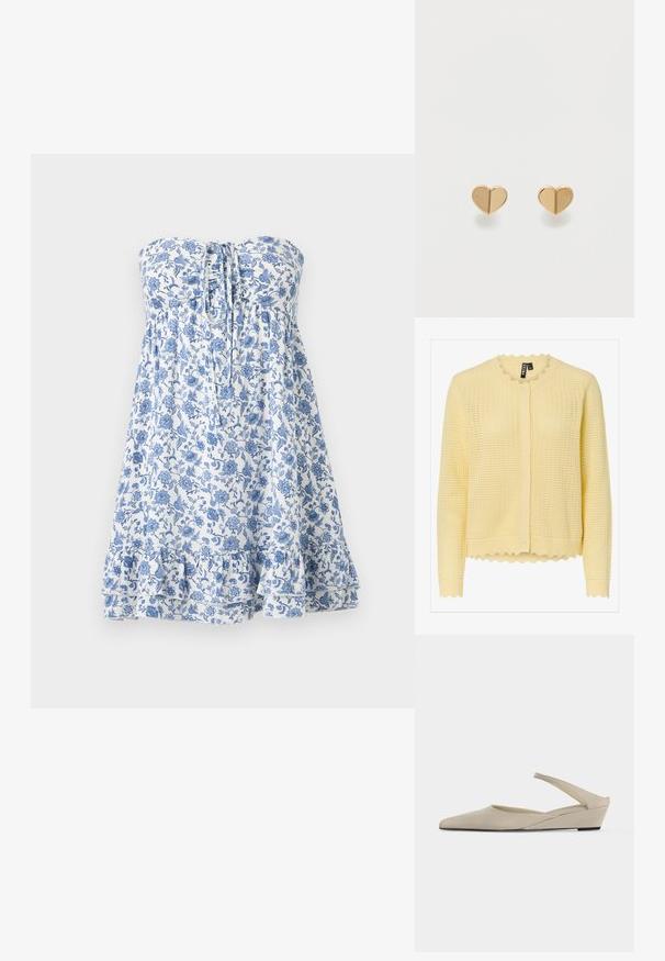 Cardigan tricoté jaune pâle à manches longues, avec encolure ronde festonnée, ourlet festonné, et fermeture à boutons sur le devant.; Robe blanche sans bretelles à imprimé floral bleu, ourlet à volants et détail de laçage à l'avant, conçue pour une coupe ample et fluide.; Chaussure slingback beige à petit talon compensé, bout pointu et finition mate lisse, présentée de profil sur fond blanc.; Paire de petites boucles d'oreilles clous en forme de cœur de couleur or avec un détail en ligne verticale et un texte gravé de chaque côté.