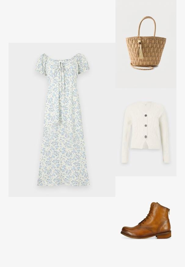 Hvid strikket cardigan med V-hals, med et kabelmønster, tre mørke knapper og ribbede manchetter og kant. Forkortet længde.; Hvid midi-kjole med lyseblåt blomsterprint, korte pufærmer, rynket halsudskæring og bindedetalje foran.; Brun læder ankelstøvle med rund tå, snørebånd foran, lynlås i siden og en lav træhælt. Har et diskret præget logo på hælen.; Flettet stråtaske med runde håndtag, firkantet mønster og to hængende kvaster med træperler på en ensfarvet baggrund.