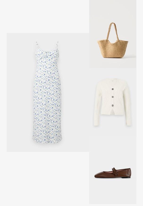 Hvid strikket cardigan med V-hals, med et kabelmønster, tre mørke knapper og ribbede manchetter og kant. Forkortet længde.; Hvid midi-kjole med tynde stropper og blå blomsterprint, med en rynket detalje ved brystet.; Brun flad Mary Jane-sko i læder med rund spænde og sort sål på en lysegrå baggrund.; Vævet stråtaske med bred bund, flettede håndtag og naturlig beige farve på ensfarvet hvid baggrund.