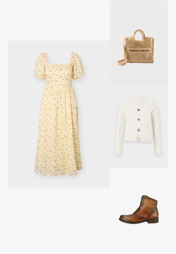 Hvid strikket cardigan med V-hals, med et kabelmønster, tre mørke knapper og ribbede manchetter og kant. Forkortet længde.; Gul midi-kjole med pufærmer, firkantet udskæring, delikat blomsterprint og rynket talje.; Brun læderankelstøvle med snørelukning foran, lav hæl, lynlås bagpå og butterfly præget nær hælen på en hvid baggrund.; Vævet beige håndtaske med to håndtag, lang rem, åben vævning og "VANESSA BRUNO" broderet i sort på forsiden.