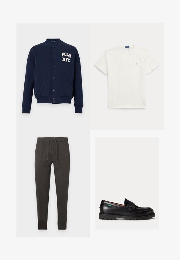 Veste varsity boutonnée bleu marine avec poignets et ourlet côtelés, poches avant, et texte blanc "POLO NYC" sur la poitrine.; T-shirt blanc à manches courtes avec col rond et petit logo Polo Ralph Lauren beige clair sur la poitrine gauche.; Pantalon de survêtement gris foncé en matière douce, doté d'une ceinture élastique avec cordon de serrage, jambes fuselées et poignets à la cheville.; Mocassin en cuir noir avec semelle épaisse, bout arrondi et étiquette verte Polo sur le côté.