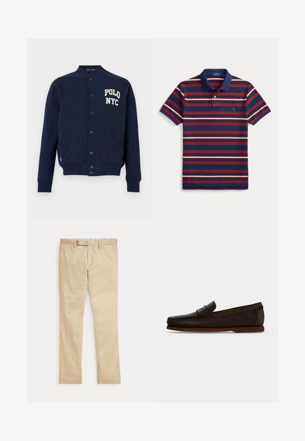 Veste varsity boutonnée bleu marine avec poignets et ourlet côtelés, poches avant, et texte blanc "POLO NYC" sur la poitrine.; Polo bleu marine avec rayures horizontales rouges, vertes et orange, manches courtes, col boutonné et petit logo vert sur la poitrine.; Pantalon beige à jambes droites avec passants de ceinture et braguette zippée à l'avant, posé à plat sur un fond blanc.; Mocassin en cuir marron foncé avec semelle plate et détail de bride tissée sur le dessus, montré de profil sur un fond uni.
