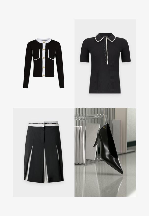 Cárdigan negro con mangas largas, tapeta blanca y bolsillos ribeteados. Presenta botones dorados y un cuello blanco acanalado.; Polo negro de manga corta con tejido acanalado, ribete blanco a lo largo del cuello y la tapeta de los botones, con siete botones negros en la parte delantera.; Falda midi negra con paneles laterales blancos y detalles de abertura, con una cinturilla blanca que presenta el logotipo "KARL LAGERFELD" en negro.; Zapato de tacón alto negro con punta afilada y logo dorado, colocado sobre una superficie reflectante cerca de un organizador de archivos de alambre cromado con documentos.