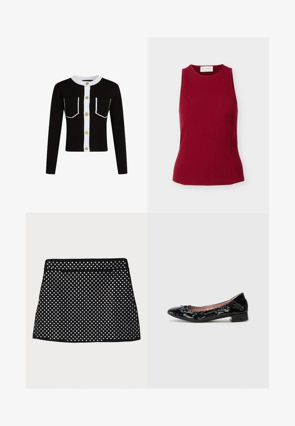 Čierny cardigan s dlhými rukávmi, bielym zapínaním na gombíky a lemovanými vreckami. Obsahuje zlaté gombíky a ryhovaný biely golier.; Červený textúrovaný top bez rukávov s okrúhlym výstrihom a priliehavými vertikálnymi švami, zobrazený na jednoduchom bielom pozadí.; Čierna mini sukňa s perforovaným dizajnom ozdobená striebornými nitmi, s hladkým pásom a rovnými okrajmi.; Čierne lakované baletky s okrúhlou špičkou, zberanou textúrou pozdĺž okrajov a malou mašľou vpredu.