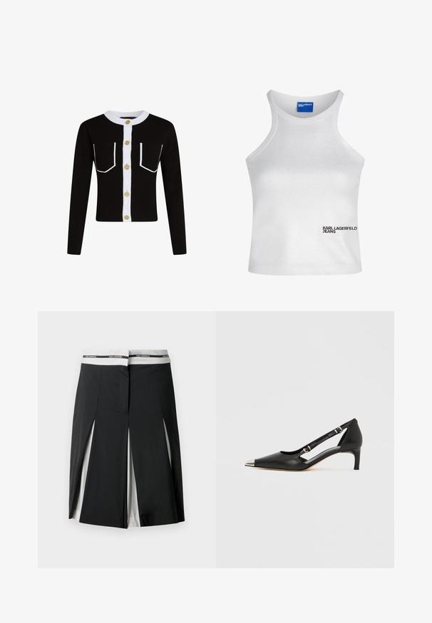 Čierny cardigan s dlhými rukávmi, bielym zapínaním na gombíky a lemovanými vreckami. Obsahuje zlaté gombíky a ryhovaný biely golier.; Biely bezrukávový crop top s vysokým golierom a logom "Karl Lagerfeld Jeans" v pravom dolnom rohu vpredu.; Čierna midi sukňa s bielymi bočnými panelmi a detailmi rozparku, s bielym pásom so značkou "KARL LAGERFELD" v čiernej farbe.; Čierna kožená lodička s nízkym opätkom typu kitten, so špicatou striebristou špičkou a dvoma remienkami s prackami na bielom pozadí.