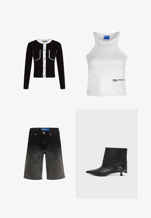 Čierny cardigan s dlhými rukávmi, bielym zapínaním na gombíky a lemovanými vreckami. Obsahuje zlaté gombíky a ryhovaný biely golier.; Biely bezrukávový crop top s vysokým golierom a logom "Karl Lagerfeld Jeans" v pravom dolnom rohu vpredu.; Čierne denimové šortky s postupným prechodom z tmavej na svetlú farbu. Obsahujú roztrhnutý lem, dve predné vrecká a označenie s modrou nášivkou na páse.; Čierna kožená členková čižma so špicatou špičkou, nízkym kitten podpätkom a strieborným písmom pri pätke.