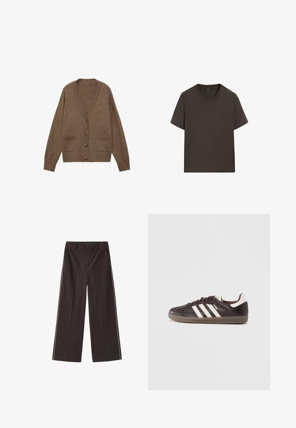 Bruine wollen cardigan met een V-hals, vijf knopen en twee voorkruiszakken. Geribbelde manchetten en zoom, ontspannen pasvorm, zachte textuur.; Donkerbruin T-shirt met korte mouwen, gemaakt van katoen. Heeft een ronde halslijn en een ontspannen pasvorm, zonder zichtbare patronen of accenten.; Bruine wijde broek gemaakt van gladde stof met witte zijkanten. Kenmerken zijn onder andere voorzakken en een hoge tailleband.; Donkerbruine leren sneakers met een wit drie-strepen ontwerp, een rubberen zool en "Samba" in gouden letters aan de zijkant. Klassieke lage schoenvorm.