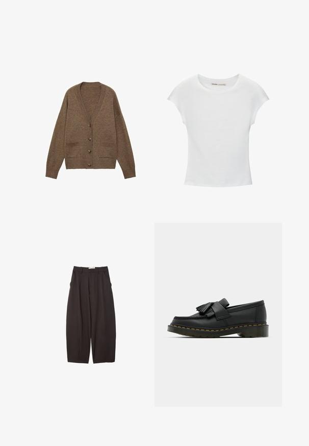 Bruine wollen cardigan met een V-hals, vijf knopen en twee voorkruiszakken. Geribbelde manchetten en zoom, ontspannen pasvorm, zachte textuur.; Witte katoenen T-shirt met korte, opgerolde mouwen, een ronde halslijn en een rechte zoom. Gladde textuur zonder zichtbare patronen of accenten.; Zwarte wijde broek gemaakt van een gladde stof, met een hoge taille, voorplooien en zijzakken. Eenvoudig ontwerp zonder versieringen.; Zwarte leren loafers met een ronde neus, voorzien van een franjesdetail en een decoratieve band aan de voorkant, geplaatst op een chunky hak.