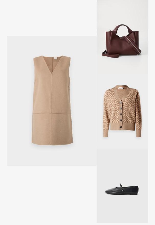 Beige cardigan met een bruin cirkelpatroon, v-hals ontwerp en zes donkere knopen. Heeft ribgebreide manchetten en zoom. Zacht, textuur stof.; Mouwloze beige jurk met een V-hals, voorzien van een textuurstof en paneelontwerp. Minimalistische silhouette en schone stiksels.; Zwarte leren balletschoenen met een spitse neus, platte zool en een kleine strap met een zilveren gespsluiting.; Bordeaux leren handtas met een gestructureerd oppervlak, twee korte handvatten en een afneembare schouderband met een zilveren ritsdetail.