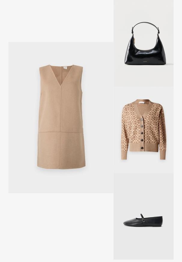 Beige cardigan met een bruin cirkelpatroon, v-hals ontwerp en zes donkere knopen. Heeft ribgebreide manchetten en zoom. Zacht, textuur stof.; Mouwloze beige jurk met een V-hals, voorzien van een textuurstof en paneelontwerp. Minimalistische silhouette en schone stiksels.; Zwarte leren balletschoenen met een spitse neus, platte zool en een kleine strap met een zilveren gespsluiting.; Zwarte glanzende Calvin Klein handtas met gouden rits en korte band tegen een effen witte achtergrond.