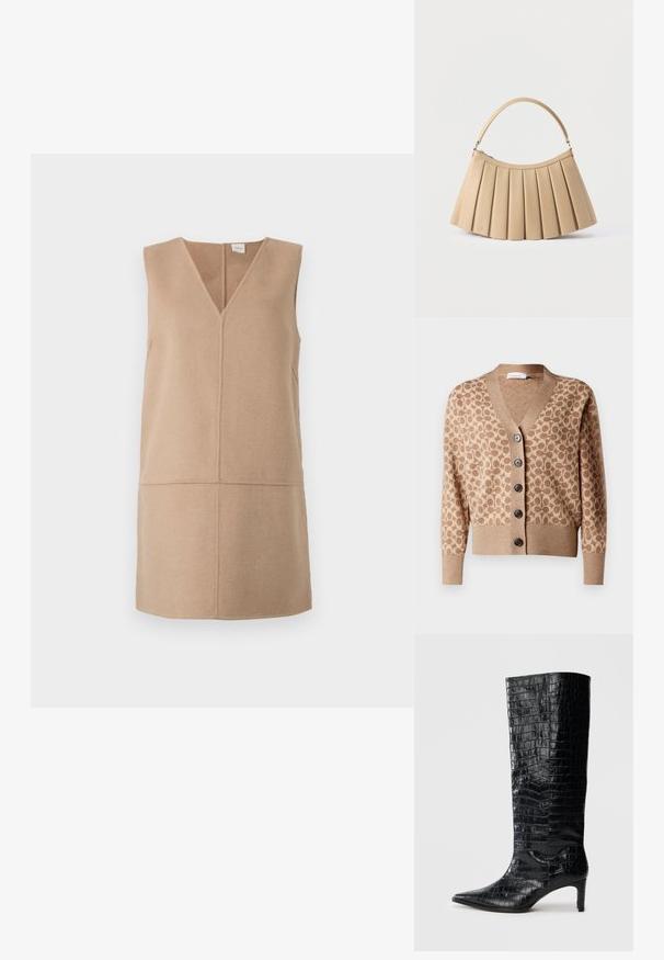 Beige Cardigan mit einem braunen kreisförmigen Muster, V-Ausschnitt-Design und sechs dunklen Knöpfen. Verfügt über gerippte Bündchen und Saum. Weicher, strukturiert Stoff.; Ärmelloses beiges Kleid mit V-Ausschnitt, das einen strukturierten Stoff und ein Paneeldesign aufweist. Minimalistische Silhouette und saubere Nähte.; Schwarze kniehohe Stiefel mit glänzender, krokodilgeprägter Textur, spitzer Zehenpartie und schmalem Absatz. Glattes synthetisches Material.; Beige plissierte Handtasche mit gebogenem Reißverschluss oben und einem einzelnen gebogenen Griff, dargestellt auf weißem Hintergrund.