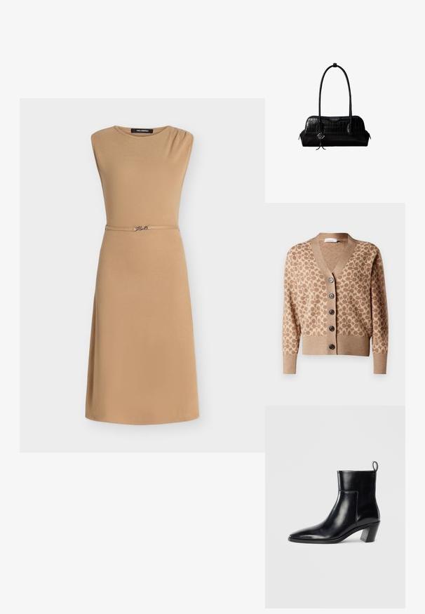 Beige cardigan med et brunt cirkulært mønster, v-hals design og seks mørke knapper. Har ribbede manchetter og kant. Blødt, struktureret stof.; Ærmeløs beige knælængde kjole med et slankt bælte med en lille metallisk detalje ved taljen og en rund halsudskæring.; Sort læder ankelstøvle med spids tå, geometrisk stablet hæl og en løftestrop bagpå. Glat tekstur og slankt design.; Sort skuldertaske i krokodillelæder med lange stropper og lille sølvlogo-charm på den ene strop.