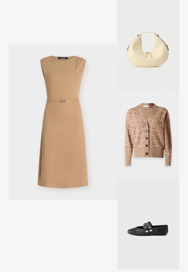Beige cardigan met een bruin cirkelpatroon, v-hals ontwerp en zes donkere knopen. Heeft ribgebreide manchetten en zoom. Zacht, textuur stof.; Mouwloze beige knielange jurk met een smalle riem met een klein metalen detail in de taille en een ronde halslijn.; Zwarte leren platte schoen met een puntige neus en twee zilveren gespen over de bovenkant, gefotografeerd tegen een effen lichte achtergrond.; Beige, halvemaanvormige handtas met dubbele ritssluiting en korte handgreep, voorzien van zilverkleurige hardware details aan de zijkanten.