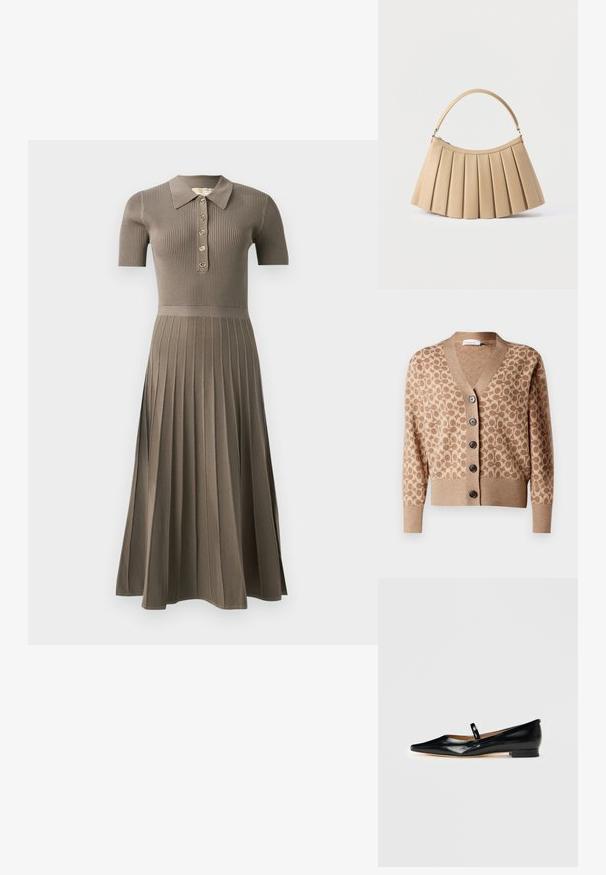 Beige cardigan med et brunt cirkulært mønster, v-hals design og seks mørke knapper. Har ribbede manchetter og kant. Blødt, struktureret stof.; Ribbede midikjole i gråbrun med korte ærmer, polo-krave, guldknaplukning og plisseret kjoldesign. Blød tekstur.; Sorte patenterede læder Mary Jane flade sko med spids tå, én rem og lav hæl på ensfarvet baggrund.; Beige plisseret håndtaske med buet toplynlås og enkelt buet håndtag, vist på hvid baggrund.