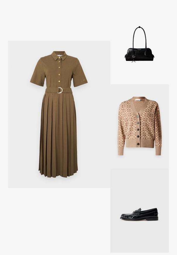 Cárdigan beige con un patrón circular marrón, diseño de escote en V y seis botones oscuros. Presenta puños y dobladillo acanalados. Tejido suave y texturizado.; Vestido camisa marrón de manga corta con cuello abotonado, cierre de botones, cintura ceñida con cinturón que tiene una hebilla metálica redonda, y falda plisada.; Mocasines de cuero negro con puntera redondeada, costuras decorativas y un pequeño acento dorado en el empeine. Suela plana de goma, diseño elegante.; Bolso de hombro negro de cuero con textura de cocodrilo, con correas largas y un pequeño colgante de logo plateado en una correa.