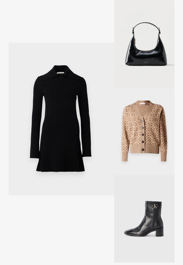 Beige Cardigan mit einem braunen kreisförmigen Muster, V-Ausschnitt-Design und sechs dunklen Knöpfen. Verfügt über gerippte Bündchen und Saum. Weicher, strukturiert Stoff.; Schwarzes, langärmliges Minikleid mit weitem Kragen, tailliertem Bund und leicht ausgestellt geschnittenem Saum, präsentiert auf einem weißen Hintergrund.; Schwarze Leder-Ankle Boots mit spitzem Zehenbereich, Blockabsatz und einem Riemen mit einem metallischen Logodetail. Glatte Textur und minimales Design.; Schwarze, glänzende Calvin Klein Handtasche mit goldfarbenem Reißverschluss und kurzem Trageriemen vor schlichtem weißem Hintergrund.