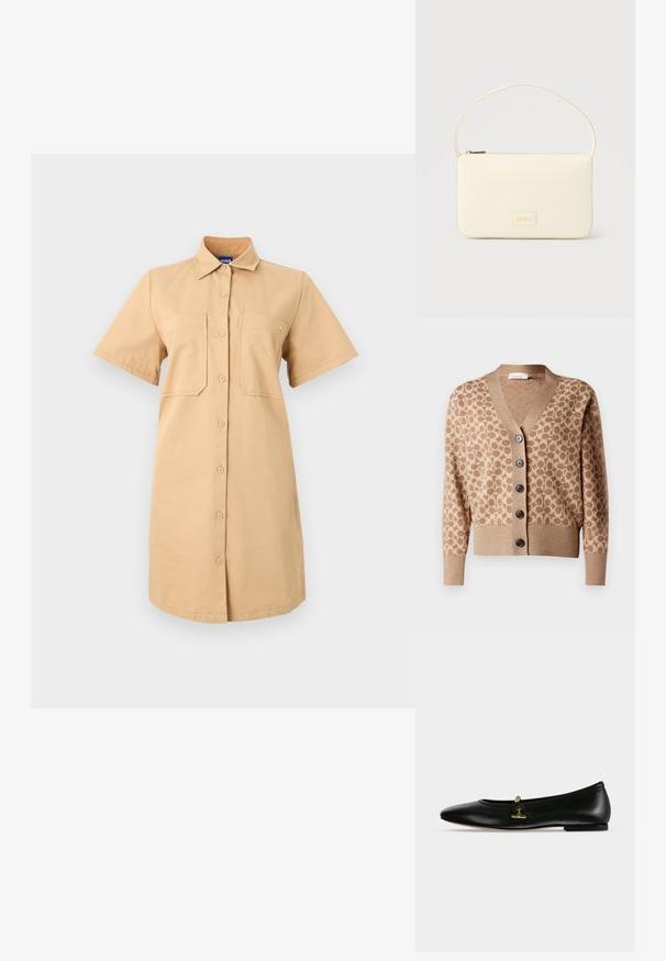 Beige Cardigan mit einem braunen kreisförmigen Muster, V-Ausschnitt-Design und sechs dunklen Knöpfen. Verfügt über gerippte Bündchen und Saum. Weicher, strukturiert Stoff.; Kaki-Hemdkleid mit Kragen, kurzen Ärmeln und durchgehender Knopfleiste. Verfügt über zwei Brusttaschen und einen abgerundeten Saum.; Schwarzer flacher Lederschuh mit einer kleinen goldenen Kette und Bar-Detail über dem Vorderteil, abgerundete Spitze und niedriger Absatz.; Rechteckige Handtasche in Cremefarbe mit einem einzelnen Trageriemen und Reißverschluss oben, ausgestattet mit einer kleinen, geprägten Logoplakette vorne.