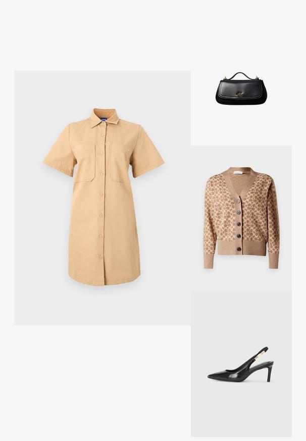 Beige cardigan med et brunt cirkulært mønster, v-hals design og seks mørke knapper. Har ribbede manchetter og kant. Blødt, struktureret stof.; Khaki skjortekjole med krave, korte ærmer og knapper foran. Har to brystlommer og en buet nederkant.; Sort læder slingback højhælede sko med spidse tæer, glat overflade og en smal ankelrem med guldfarvede hardware detaljer.; Sort lædertaske med et lille håndtag, guldfarvet "cK" logo på frontklappen og guldfarvede hardware-accenter.