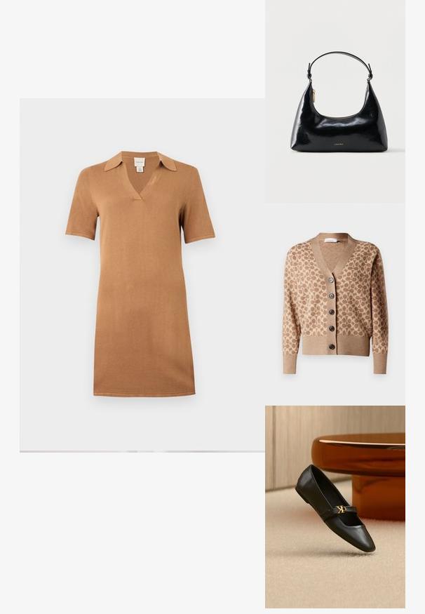 Beige Cardigan mit einem braunen kreisförmigen Muster, V-Ausschnitt-Design und sechs dunklen Knöpfen. Verfügt über gerippte Bündchen und Saum. Weicher, strukturiert Stoff.; Kurzärmliges Strickkleid in Kamelbraun mit Kragen und V-Ausschnitt, gerade geschnitten, vor weißem Hintergrund präsentiert.; Schwarzer flacher Lederschuh mit spitzer Kappe und goldenem CK-Logo auf dem Riemen, auf beigem Teppich neben einem runden bernsteinbraunen Tisch platziert.; Schwarze, glänzende Calvin Klein Handtasche mit goldfarbenem Reißverschluss und kurzem Trageriemen vor schlichtem weißem Hintergrund.