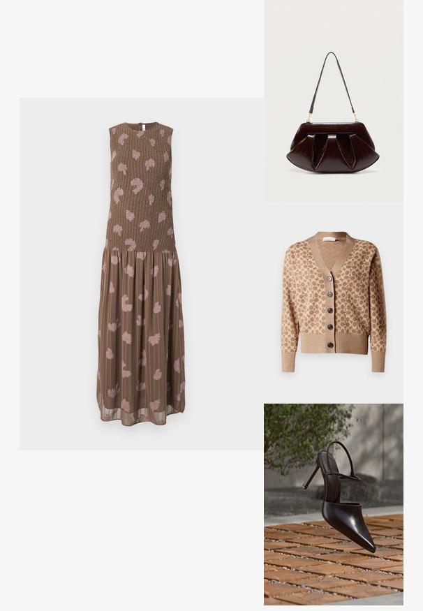 Beige cardigan med et brunt cirkulært mønster, v-hals design og seks mørke knapper. Har ribbede manchetter og kant. Blødt, struktureret stof.; Ærmeløs brun kjole med rynket livstykke og flydende nederdel; har lyserøde blomsterprint og lodrette striber. Let, tekstureret stof.; Blank højhælet mule med spids tå og ankelrem, svævende over en terracottaflisebelagt overflade med grusfyldte mellemrum.; Mørkebrun læderhåndtaske med opsamlede plisseringer, guldfarvet hardware og en enkelt skulderrem mod en enkel lys baggrund.