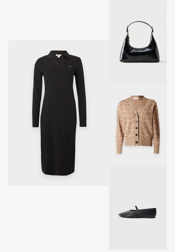 Cárdigan beige con un patrón circular marrón, diseño de escote en V y seis botones oscuros. Presenta puños y dobladillo acanalados. Tejido suave y texturizado.; Vestido negro de manga larga con cuello, que presenta un diseño de escote en V y un ajuste ceñido. El material tiene una textura acanalada. Incluye un pequeño detalle de logo.; Bailarinas de cuero negro con punta afilada, suela plana y una pequeña correa con detalle de hebilla plateada.; Bolso negro brillante de Calvin Klein con cremallera dorada y correa corta sobre un fondo blanco liso.