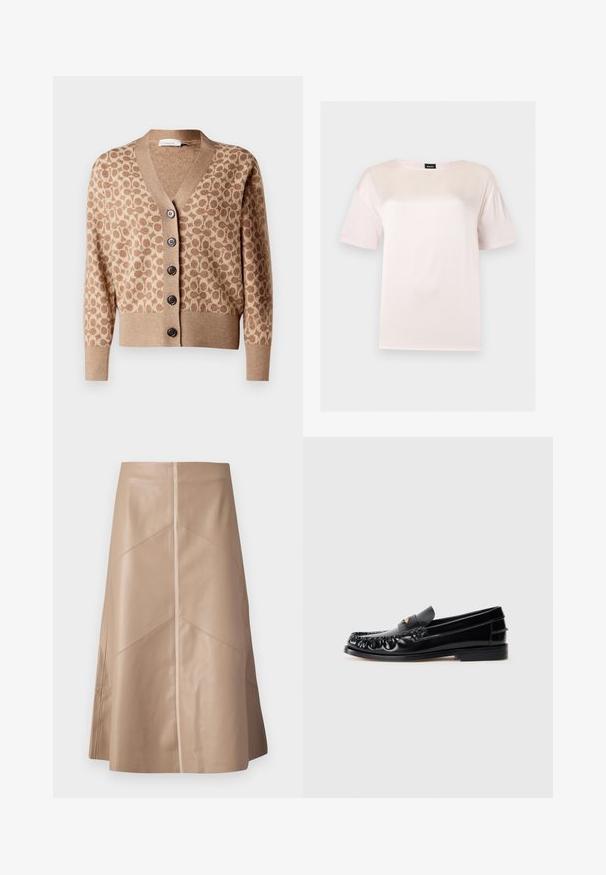 Beige Cardigan mit einem braunen kreisförmigen Muster, V-Ausschnitt-Design und sechs dunklen Knöpfen. Verfügt über gerippte Bündchen und Saum. Weicher, strukturiert Stoff.; Kurzärmeliges, hellrosa Baumwoll-T-Shirt mit rundem Ausschnitt und einem schwarzen BOSS-Label innen am Kragen.; Beige Kunstleder A-Linien-Rock mit subtilen Paneldetails und glatter matter Oberfläche, knielang und hochgeschnitten.; Schwarze LederSlipper mit runder Zehenform, dekorativen Nähten und einem kleinen goldenen Akzent auf dem Vorderblatt. Flache Gummisohle, elegantes Design.