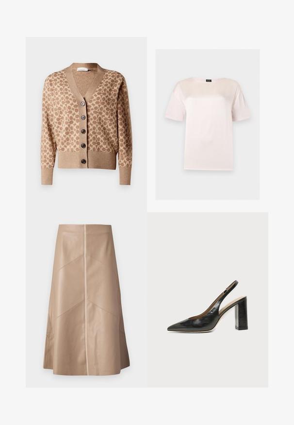 Cárdigan beige con un patrón circular marrón, diseño de escote en V y seis botones oscuros. Presenta puños y dobladillo acanalados. Tejido suave y texturizado.; Camiseta de algodón de manga corta, color rosa claro, con cuello redondo y etiqueta negra de la marca BOSS en el interior del cuello.; Falda A-line de cuero sintético beige con sutiles detalles en panel y un acabado mate suave, de largo hasta la rodilla y de cintura alta.; Zapato slingback de piel negra con puntera puntiaguda, tacón alto y ancho, y forro interior beige sobre un fondo claro y liso.