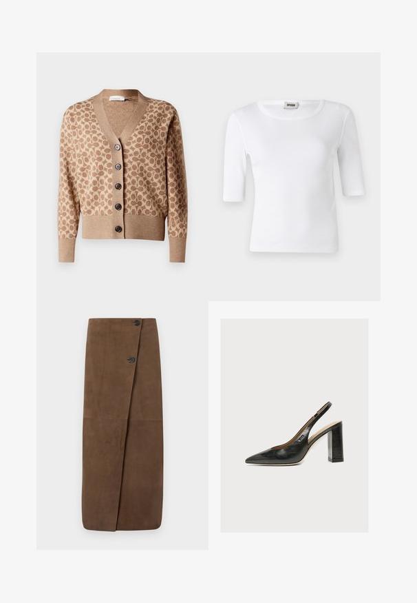 Cárdigan beige con un patrón circular marrón, diseño de escote en V y seis botones oscuros. Presenta puños y dobladillo acanalados. Tejido suave y texturizado.; Camiseta blanca de canalé con escote redondo y mangas de longitud hasta el codo. Fabricada con un material suave de textura lisa. Etiqueta visible en el escote.; Falda cruzada de ante marrón con dos botones negros en la parte delantera, con una textura suave y un diseño recto hasta el suelo.; Zapato de mujer slingback de piel negra con puntera puntiaguda y tacón alto grueso de bloque sobre fondo blanco.