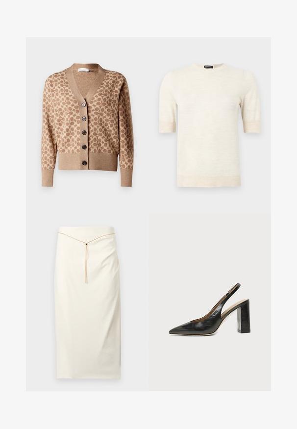 Cárdigan beige con un patrón circular marrón, diseño de escote en V y seis botones oscuros. Presenta puños y dobladillo acanalados. Tejido suave y texturizado.; Suéter de color crema de manga corta con escote redondo, puños y dobladillo acanalados, etiquetado con "SUPREME MERINO" en el cuello.; Falda lápiz de rodilla color blanco roto con un cinturón delgado de cadena dorada que presenta un pequeño detalle negro en el centro delantero.; Zapato slingback de piel negra con puntera puntiaguda, tacón alto y ancho, y forro interior beige sobre un fondo claro y liso.