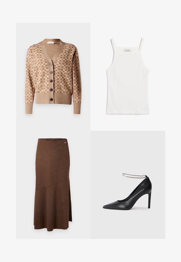 Beige Cardigan mit einem braunen kreisförmigen Muster, V-Ausschnitt-Design und sechs dunklen Knöpfen. Verfügt über gerippte Bündchen und Saum. Weicher, strukturiert Stoff.; Weißes Tanktop mit dünnen Trägern, aus geripptem Baumwollstoff, mit einem geraden Ausschnitt und einem sauberen Abschluss am Saum.; Brauner Midirock aus Wildleder mit leicht ausgestellter A-Linien-Form, einem Seitenschlitz und einem kleinen goldenen G-Akzent an der Taille. Glatte Textur.; Schwarze Leder-Pumps mit hohen Absätzen und spitz zulaufender Zehenpartie, ausgestattet mit einem dünnen silbernen Kettenknöchelriemen und einer eleganten, glatten Textur.