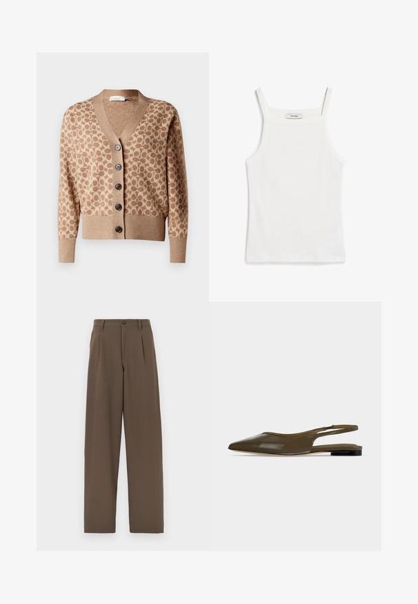 Beige cardigan met een bruin cirkelpatroon, v-hals ontwerp en zes donkere knopen. Heeft ribgebreide manchetten en zoom. Zacht, textuur stof.; Witte tanktop met dunne banden, gemaakt van ribkatoenen stof, met een rechte halslijn en een nette afwerking aan de zoom.; Bruine wijde broek van gladde stof, met dubbele plooien, een enkele knoopsluiting en standaard zakken.; Olijfgroene platte slingback met spitse neus, lage zwarte hak en een gladde, glanzende afwerking.