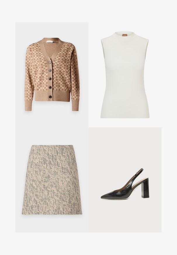 Beige Cardigan mit einem braunen kreisförmigen Muster, V-Ausschnitt-Design und sechs dunklen Knöpfen. Verfügt über gerippte Bündchen und Saum. Weicher, strukturiert Stoff.; Weißes, ärmelloses Oberteil mit hohem Kragen, das eine gerippte Textur und eine figurbetonte Passform aufweist. Das Markenlabel "BOSS" ist am Kragen sichtbar.; Beiger und grauer, gewebter Minirock mit einer A-Linien-Form und einem dezenten unregelmäßigen Muster.; Schwarzer Leder-Slingback-Schuh mit spitzer Kappe, hohem Blockabsatz und beigegefüttertem Innenraum vor hellem, einfarbigem Hintergrund.