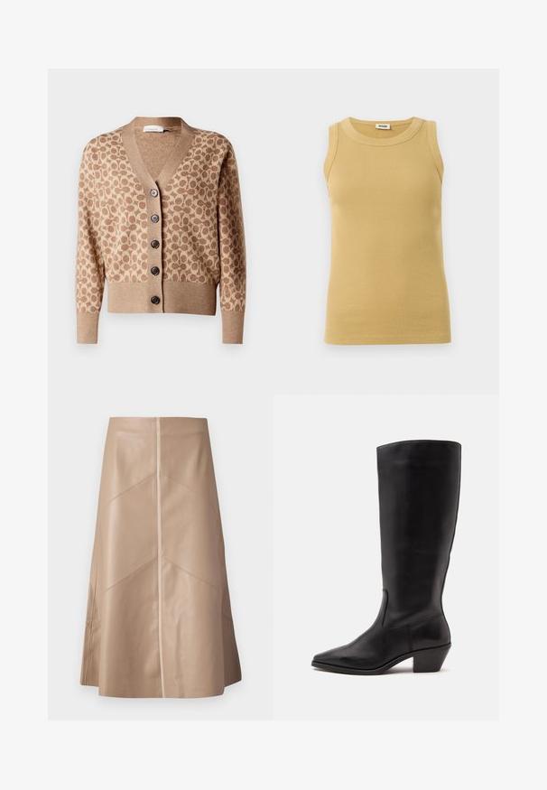 Cárdigan beige con un patrón circular marrón, diseño de escote en V y seis botones oscuros. Presenta puños y dobladillo acanalados. Tejido suave y texturizado.; Camiseta sin mangas de canalé en beige con escote redondo, de la marca Drykorn, presentada sobre un fondo blanco.; Falda A-line de cuero sintético beige con sutiles detalles en panel y un acabado mate suave, de largo hasta la rodilla y de cintura alta.; Bota de cuero negra hasta la mitad de la pantorrilla con puntera puntiaguda y tacón bajo inclinado sobre un fondo claro y liso.