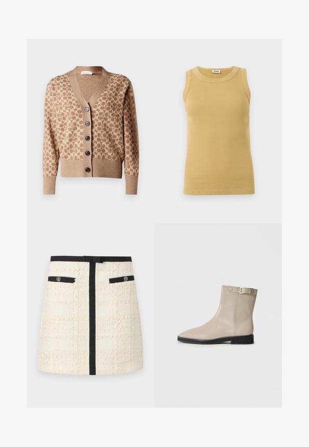 Cárdigan beige con un patrón circular marrón, diseño de escote en V y seis botones oscuros. Presenta puños y dobladillo acanalados. Tejido suave y texturizado.; Camiseta sin mangas de canalé en beige con escote redondo, de la marca Drykorn, presentada sobre un fondo blanco.; Mini falda de textura cremosa con cinturilla negra, raya vertical, bolsillos delanteros con ribete negro y botones decorativos.; Botín de cuero beige hasta el tobillo con puntera afilada, suela negra, tacón bajo y correa con hebilla dorada en el lado exterior, mostrado sobre fondo blanco.