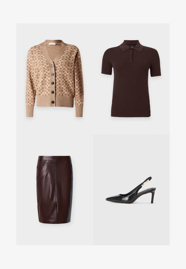 Beige cardigan med et brunt cirkulært mønster, v-hals design og seks mørke knapper. Har ribbede manchetter og kant. Blødt, struktureret stof.; Mørkebrun kortærmet ribstrikket polo med tre knapper og en klassisk krave, vist på en ensfarvet baggrund.; Brun læderblyantskørt med glat tekstur, med to sidelommer og syninger foran, designet til en tætsiddende pasform.; Sort læder slingback højhælede sko med spidse tæer, glat overflade og en smal ankelrem med guldfarvede hardware detaljer.